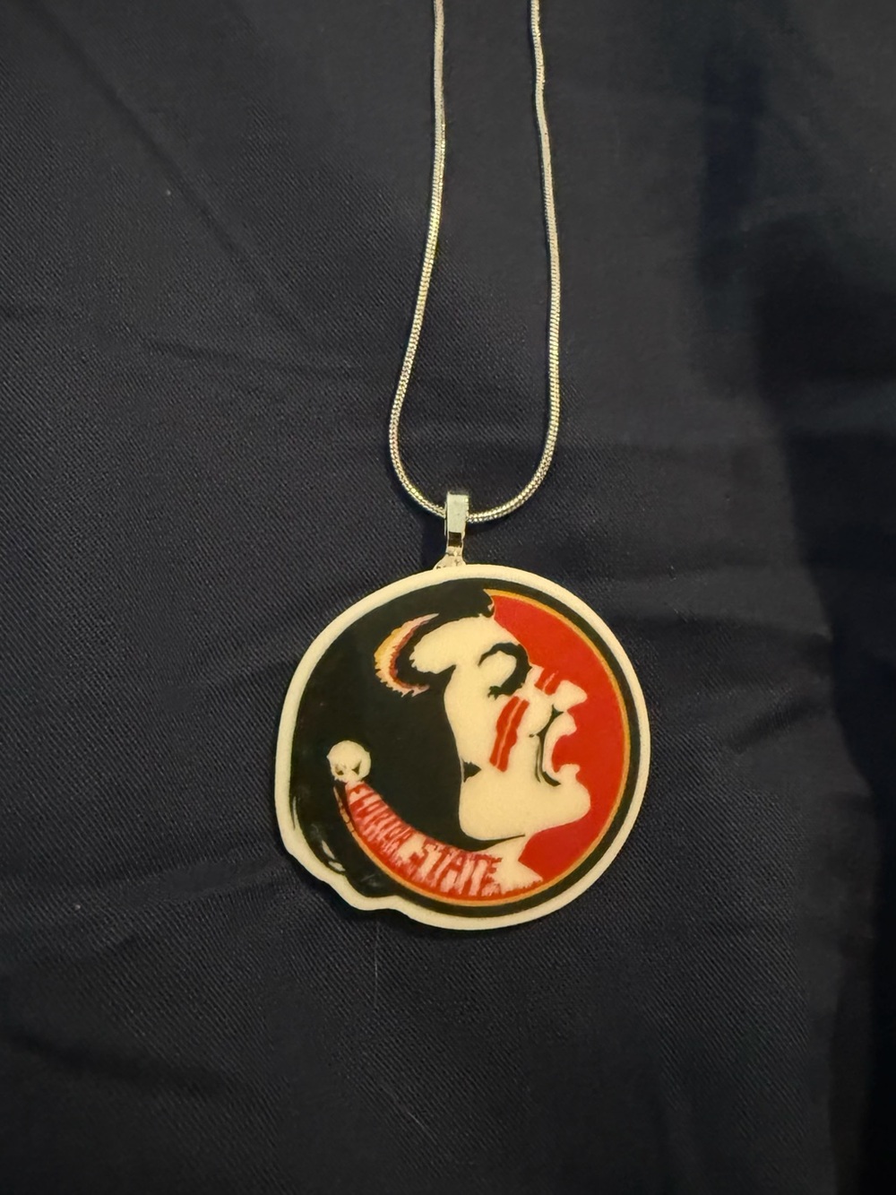 Collegiate-Style Seminole Head Pendant Necklace in Red, Black & White